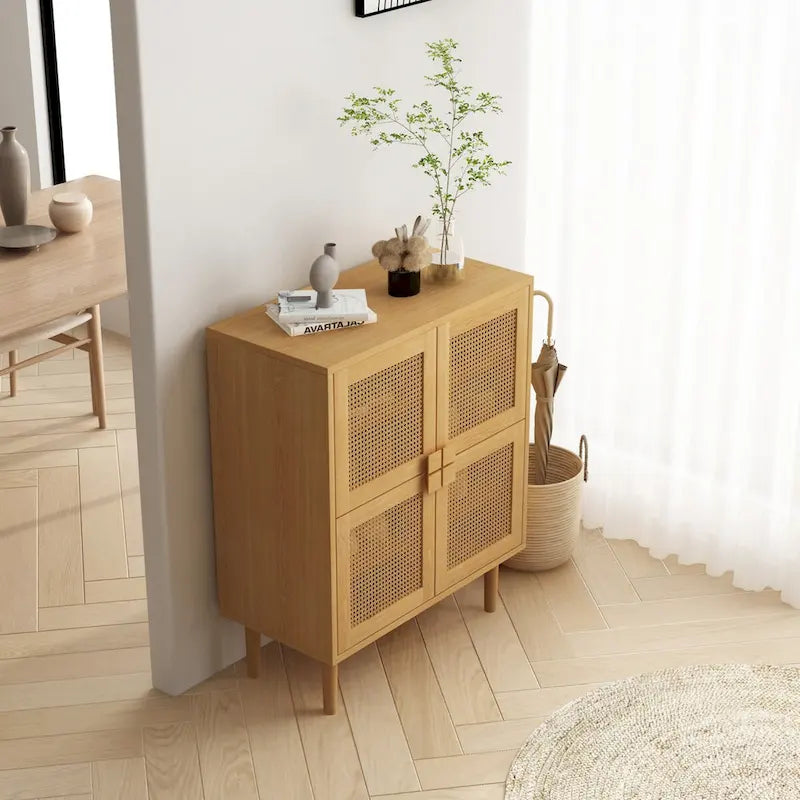Buffet Moderne 4 Portes avec Rangement en Rotin
