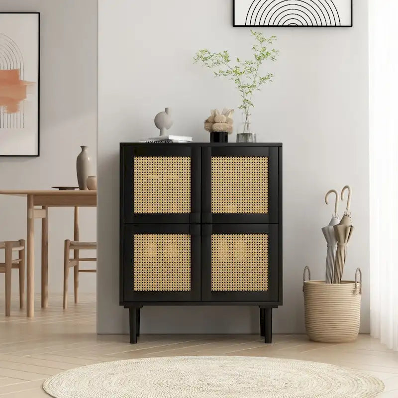 Buffet Moderne 4 Portes avec Rangement en Rotin