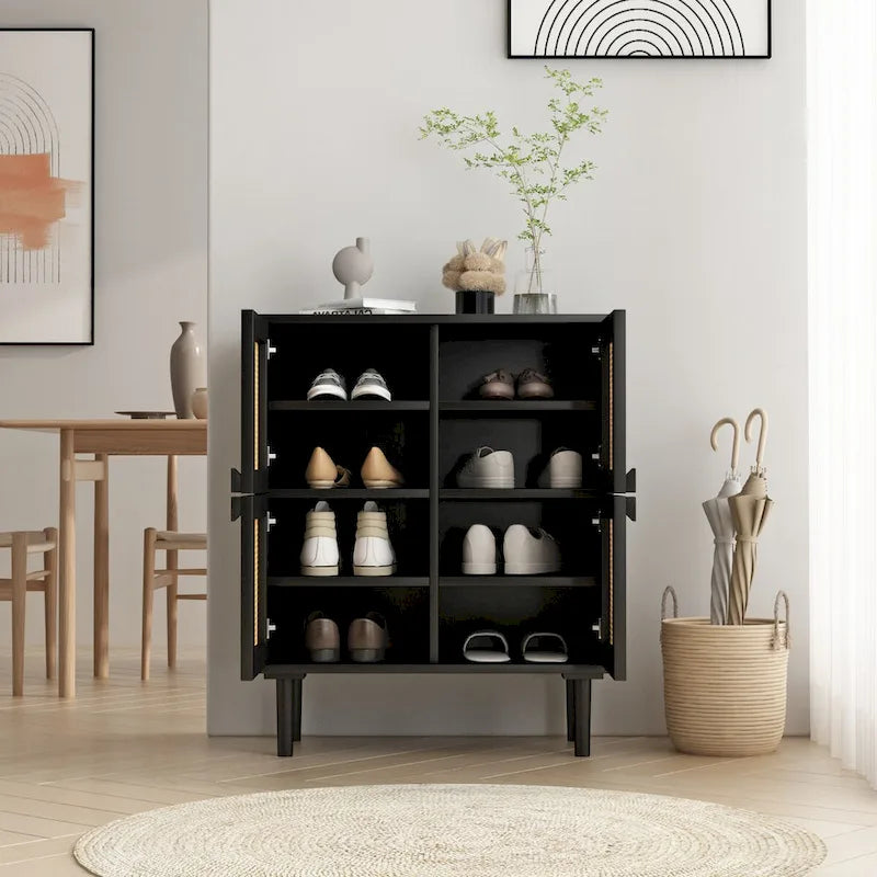 Buffet Moderne 4 Portes avec Rangement en Rotin