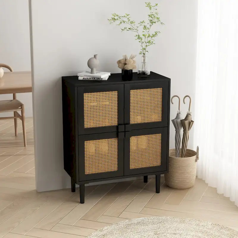 Buffet Moderne 4 Portes avec Rangement en Rotin