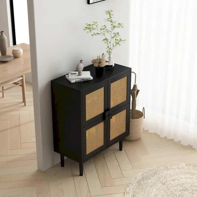 Buffet Moderne 4 Portes avec Rangement en Rotin