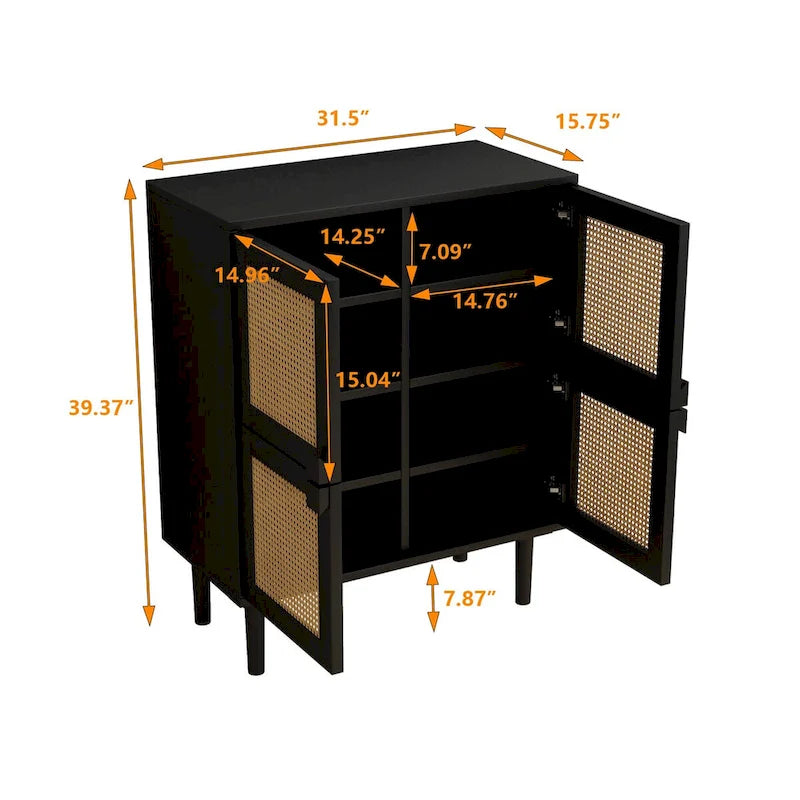 Buffet Moderne 4 Portes avec Rangement en Rotin