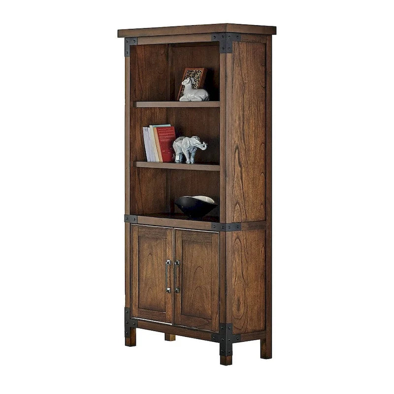 Bibliothèque rustique avec portes, étagères de bureau, meuble de rangement, marron - 34L x 72H x 15P
