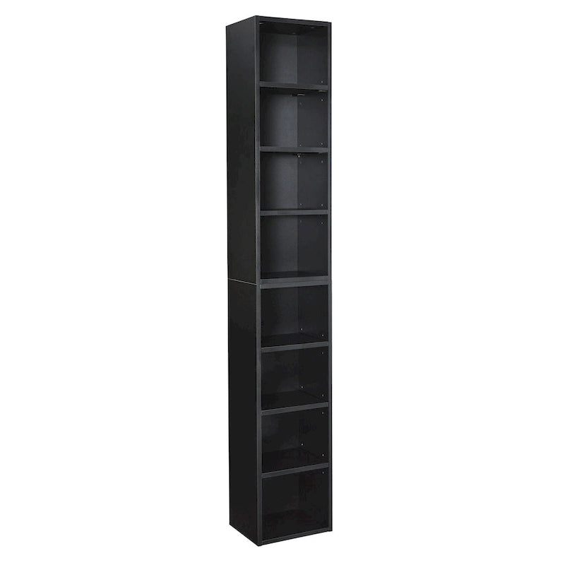 Tour de rangement multimédia à 8 niveaux, meuble de rangement CD/DVD fin avec étagères réglables, bibliothèque haute et étroite.
