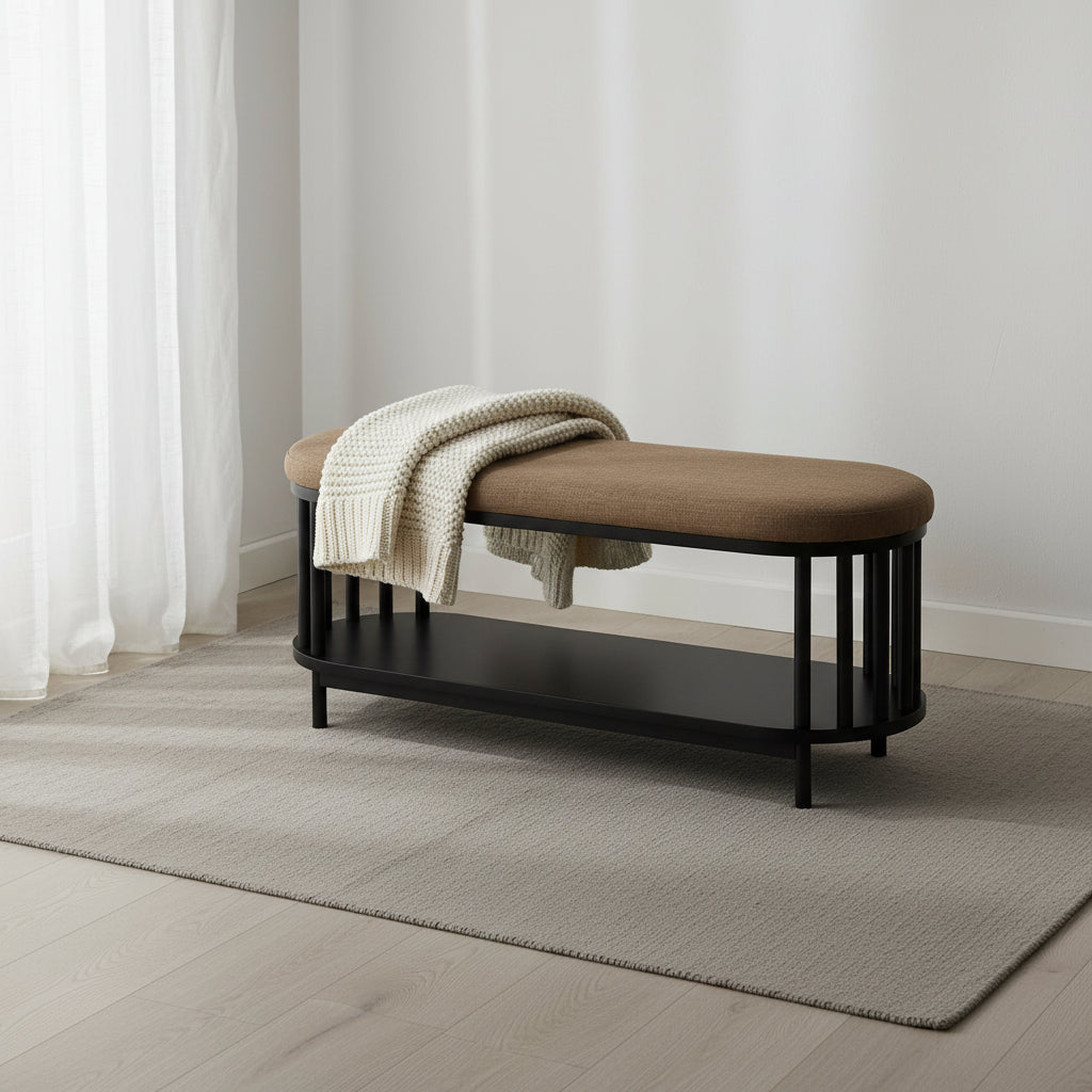 Scandi Upholstered-Top Storage Bench with Lower Shelf for Living Room, Bedroom and Office - Black