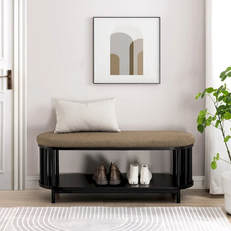 Banc de rangement scandinave rembourré avec étagère inférieure pour salon, chambre et bureau - Noir