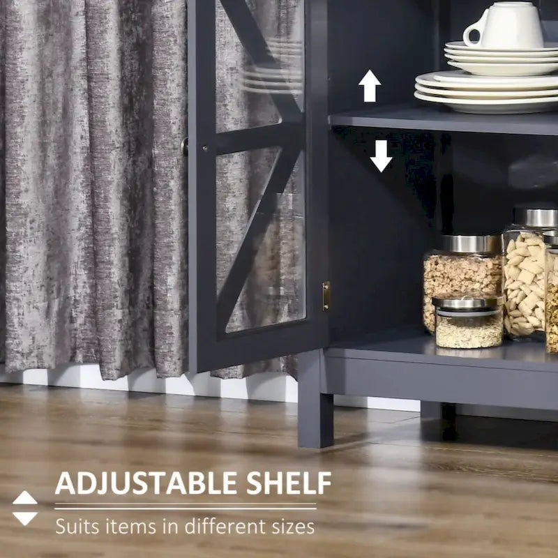 Buffet de rangement avec portes en verre trempé et étagère de rangement réglable, enfilade, gris