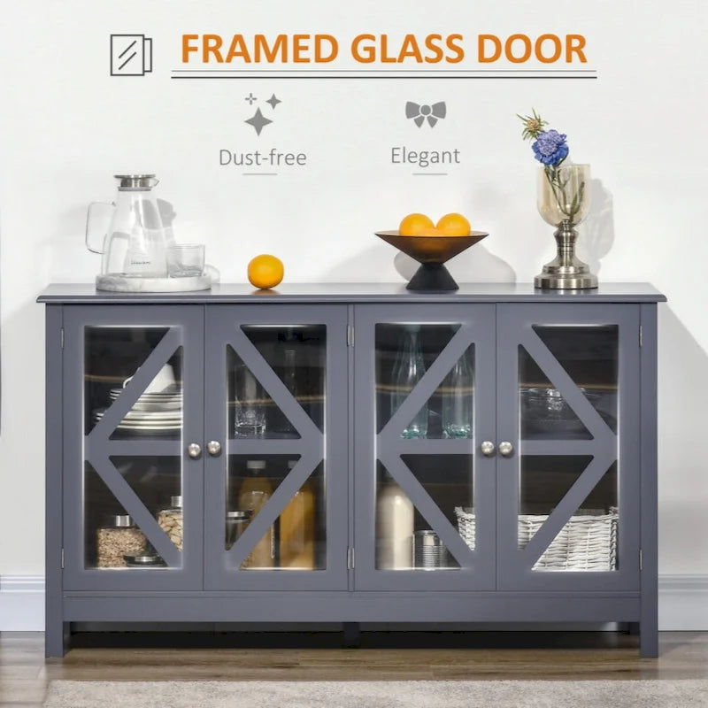 Buffet de rangement avec portes en verre trempé et étagère de rangement réglable, enfilade, gris
