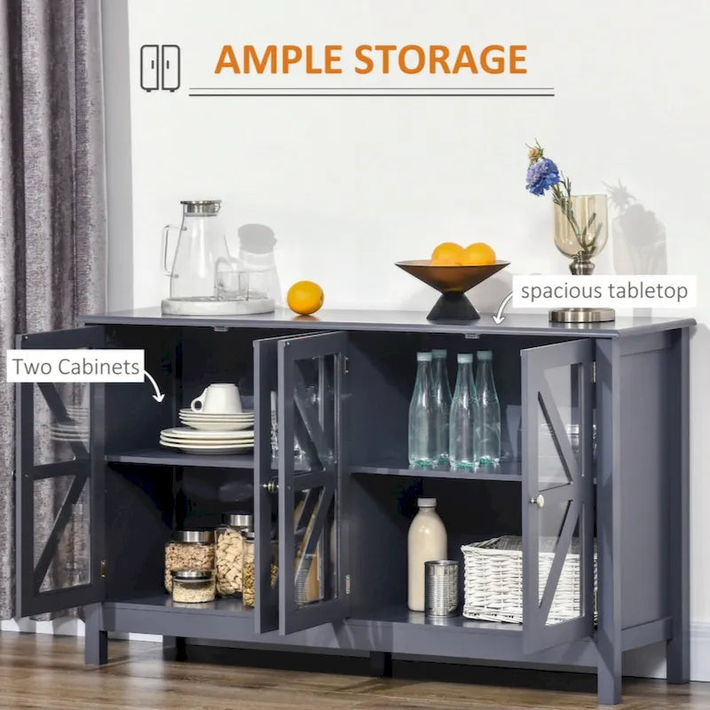 Buffet de rangement avec portes en verre trempé et étagère de rangement réglable, enfilade, gris