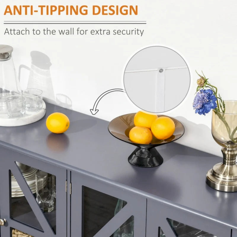 Buffet de rangement avec portes en verre trempé et étagère de rangement réglable, enfilade, gris
