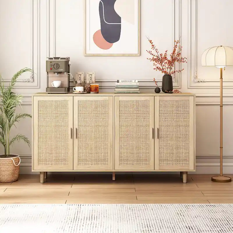 Meuble de rangement décoratif à 4 portes en rotin, élégant et fonctionnel, pour chambre, salon, bureau, montage facile