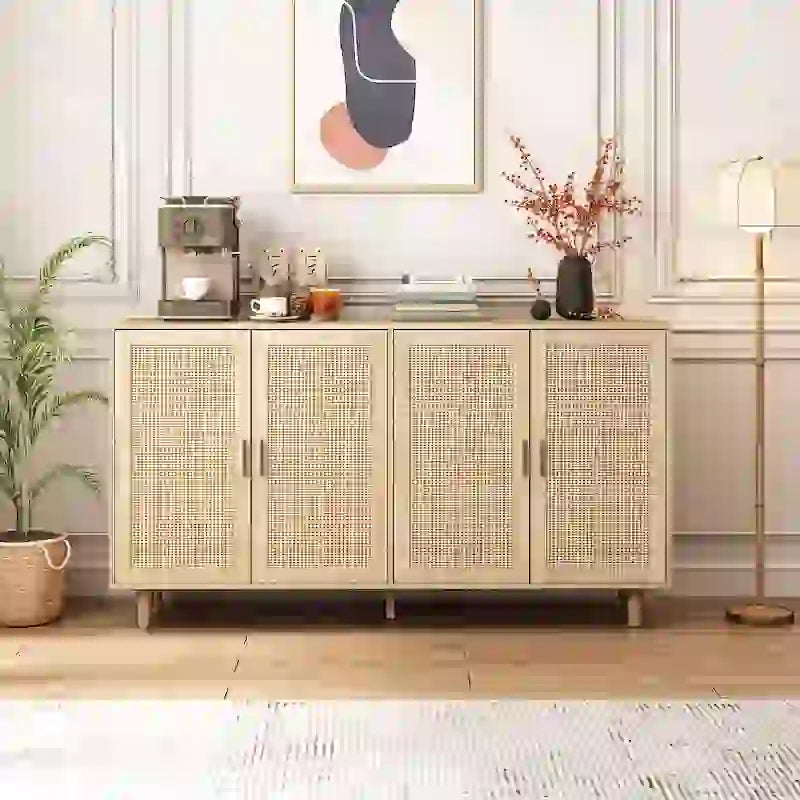 Elegant and Functional 4-Door Rattan Decorative Storage Cabinet,for Bedroom,Living Room,Office,Easy Assembly
