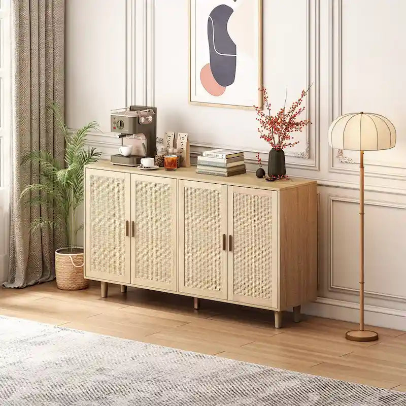 Meuble de rangement décoratif à 4 portes en rotin, élégant et fonctionnel, pour chambre, salon, bureau, montage facile