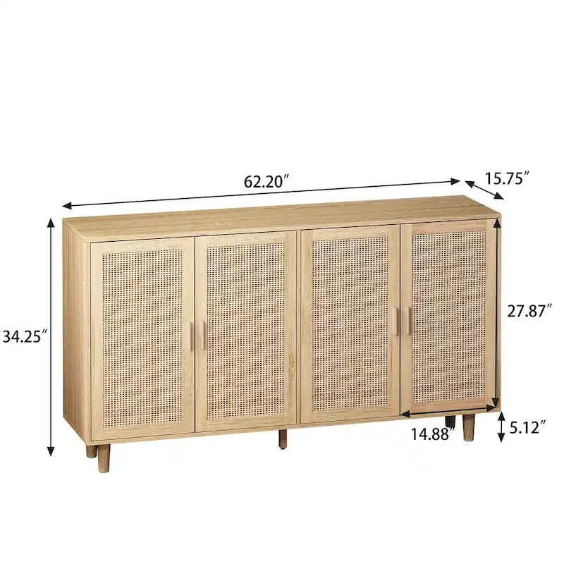 Meuble de rangement décoratif à 4 portes en rotin, élégant et fonctionnel, pour chambre, salon, bureau, montage facile