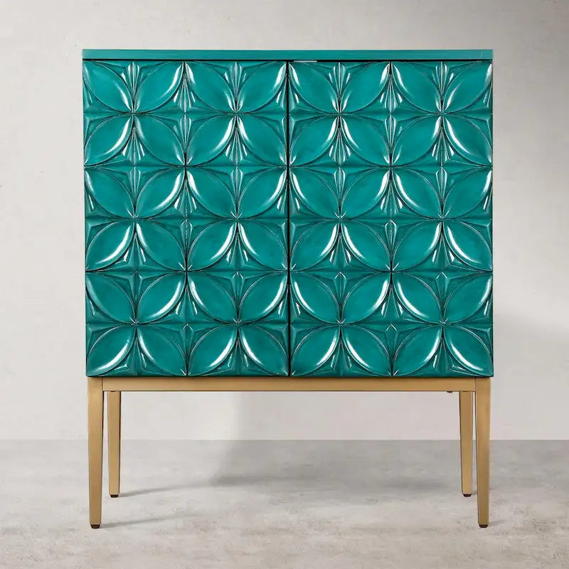 Buffet Armoire d'Appoint Vintage à 2 Portes, Étagère de Rangement Faite à la Main, Motifs Géométriques, pour Salon/Salle à Manger - L39,4x P80x H94 cm