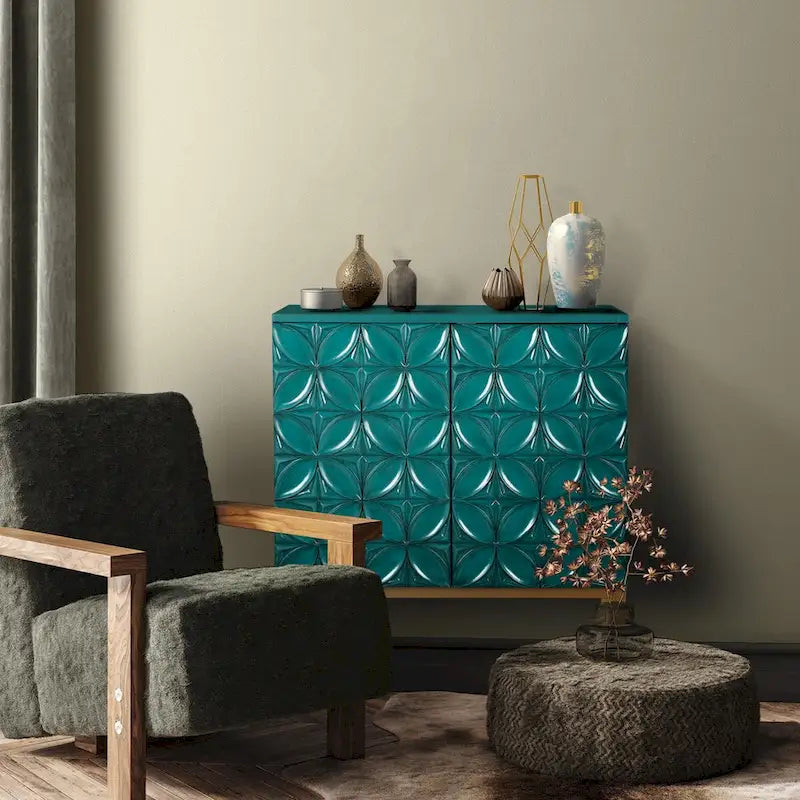 Buffet Armoire d'Appoint Vintage à 2 Portes, Étagère de Rangement Faite à la Main, Motifs Géométriques, pour Salon/Salle à Manger - L39,4x P80x H94 cm