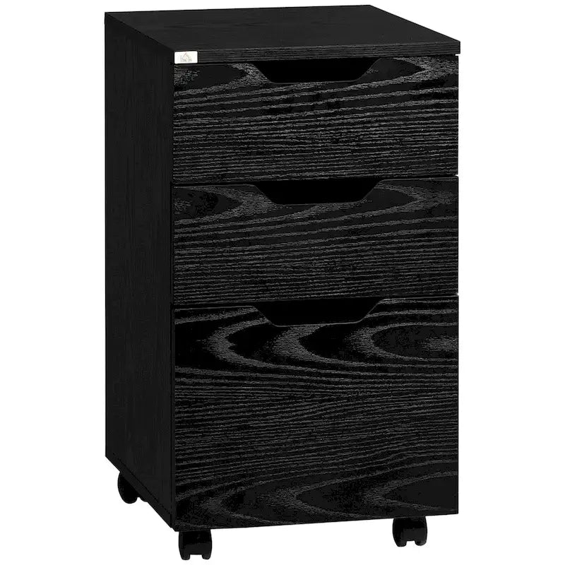 Meuble de rangement de bureau à 3 tiroirs, meuble bas de bureau avec roulettes, grain de bois noir