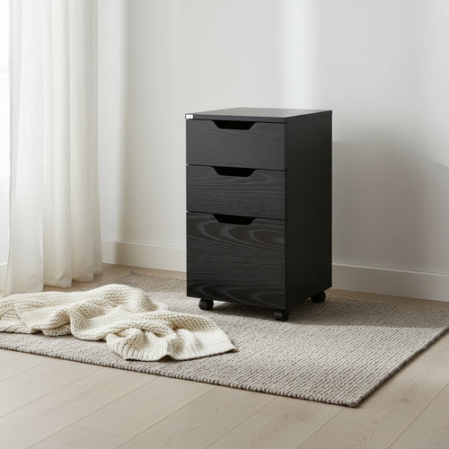 3 Drawer Office Storage Cabinet, Under Desk Cabinet with Wheels, Black Wood Grain