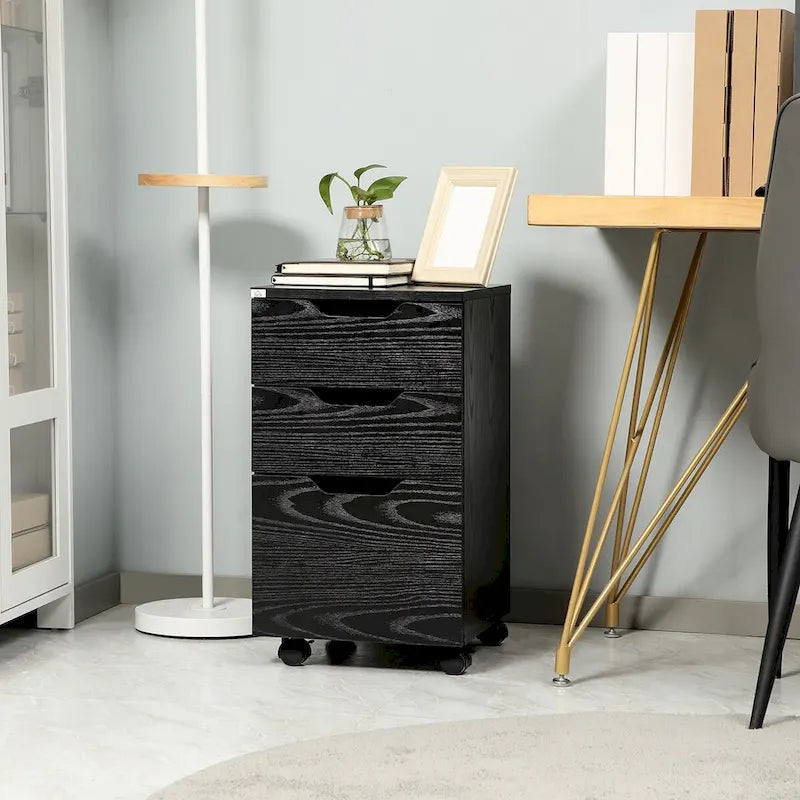 Meuble de rangement de bureau à 3 tiroirs, meuble bas de bureau avec roulettes, grain de bois noir