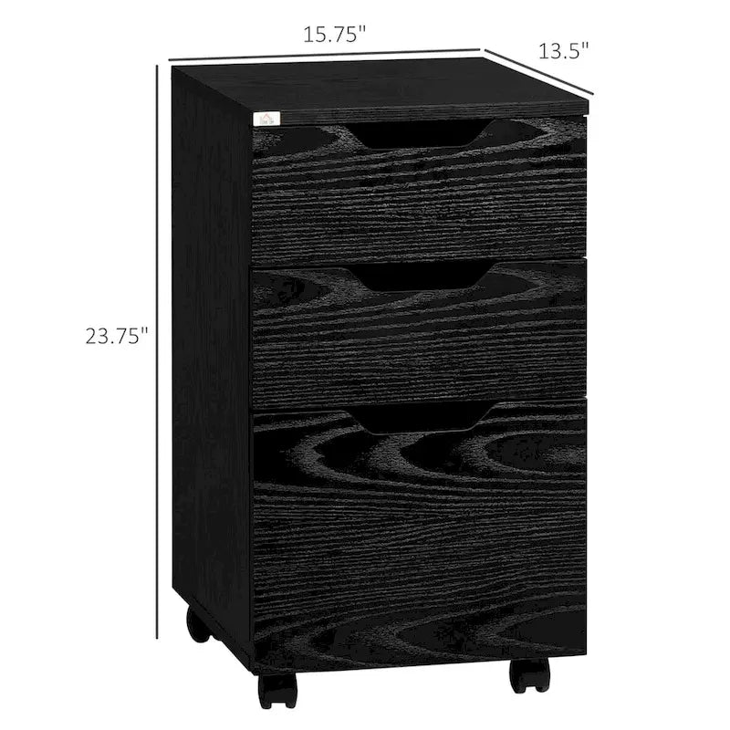 Meuble de rangement de bureau à 3 tiroirs, meuble bas de bureau avec roulettes, grain de bois noir