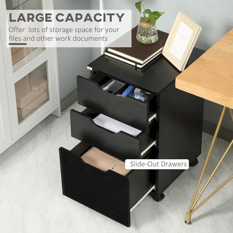 Meuble de rangement de bureau à 3 tiroirs, meuble bas de bureau avec roulettes, grain de bois noir