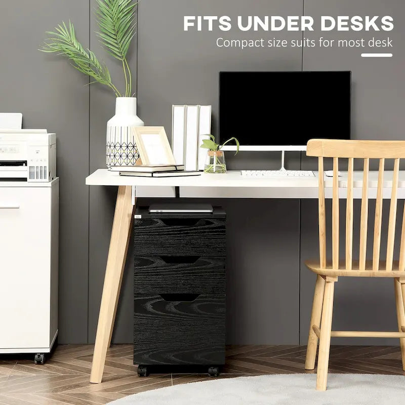 Meuble de rangement de bureau à 3 tiroirs, meuble bas de bureau avec roulettes, grain de bois noir