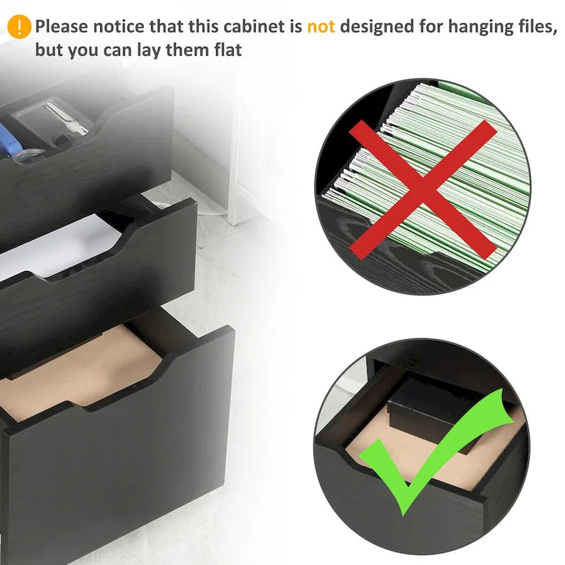 Meuble de rangement de bureau à 3 tiroirs, meuble bas de bureau avec roulettes, grain de bois noir