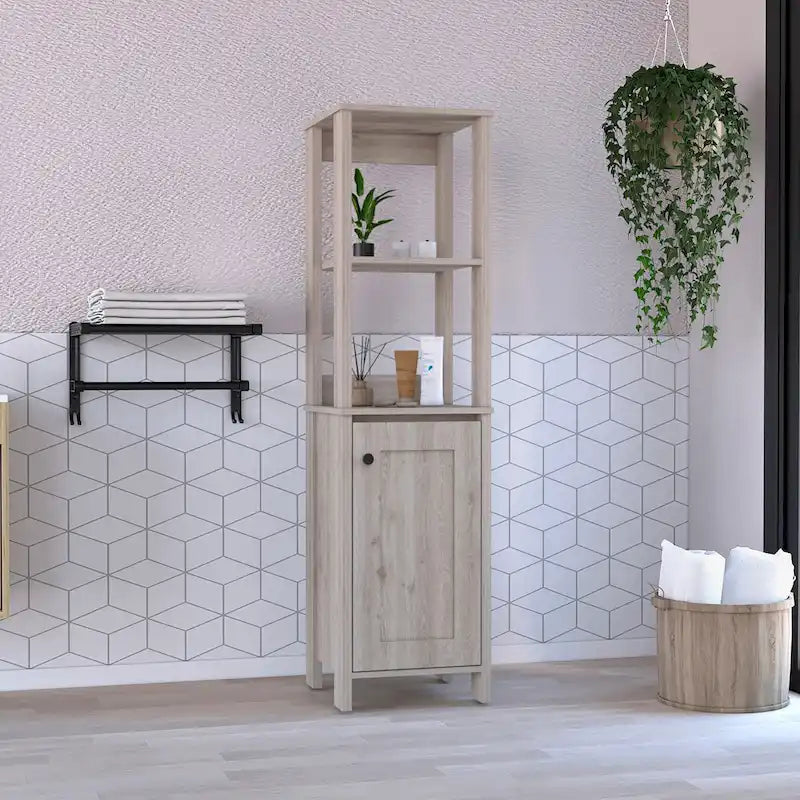 Meuble de salle de bain au sol, Meuble de rangement pour salle de bain, Deux étagères intérieures, Deux étagères ouvertes, Porte unique