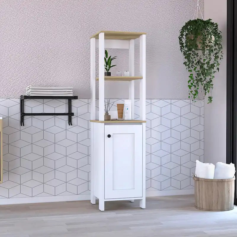 Meuble de salle de bain au sol, Meuble de rangement pour salle de bain, Deux étagères intérieures, Deux étagères ouvertes, Porte unique