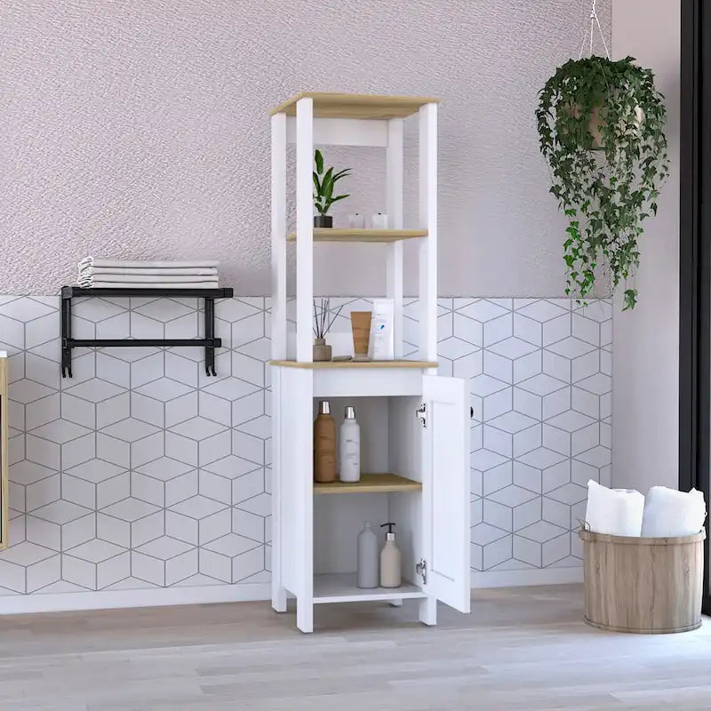 Meuble de salle de bain au sol, Meuble de rangement pour salle de bain, Deux étagères intérieures, Deux étagères ouvertes, Porte unique