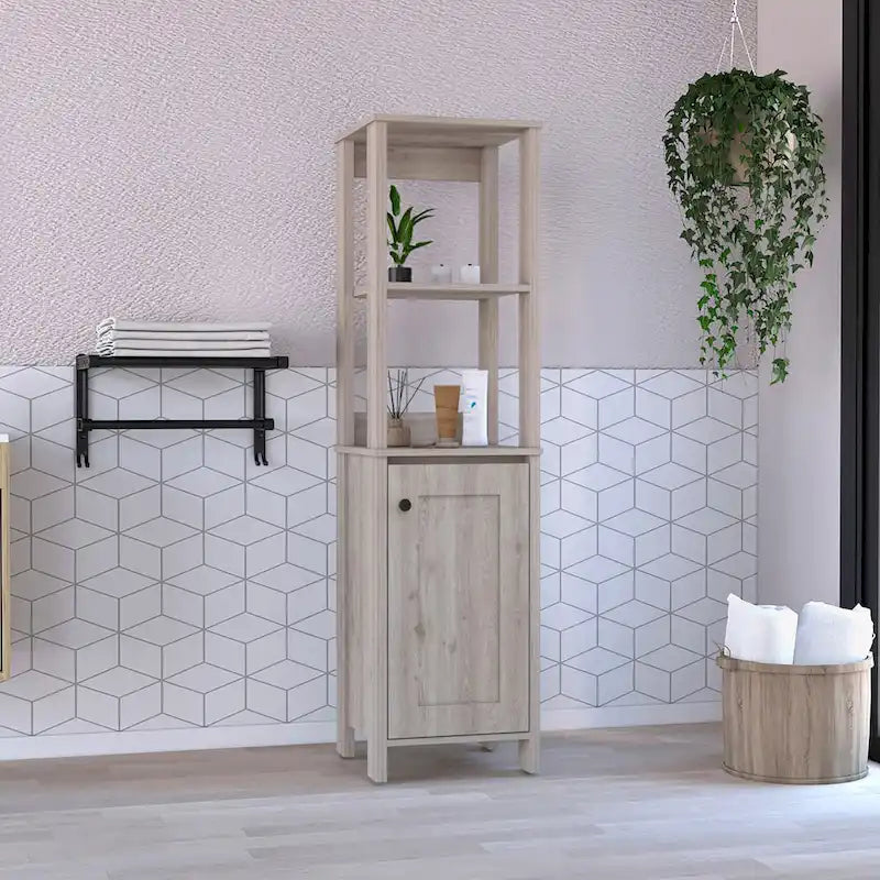 Meuble de salle de bain au sol, Meuble de rangement pour salle de bain, Deux étagères intérieures, Deux étagères ouvertes, Porte unique