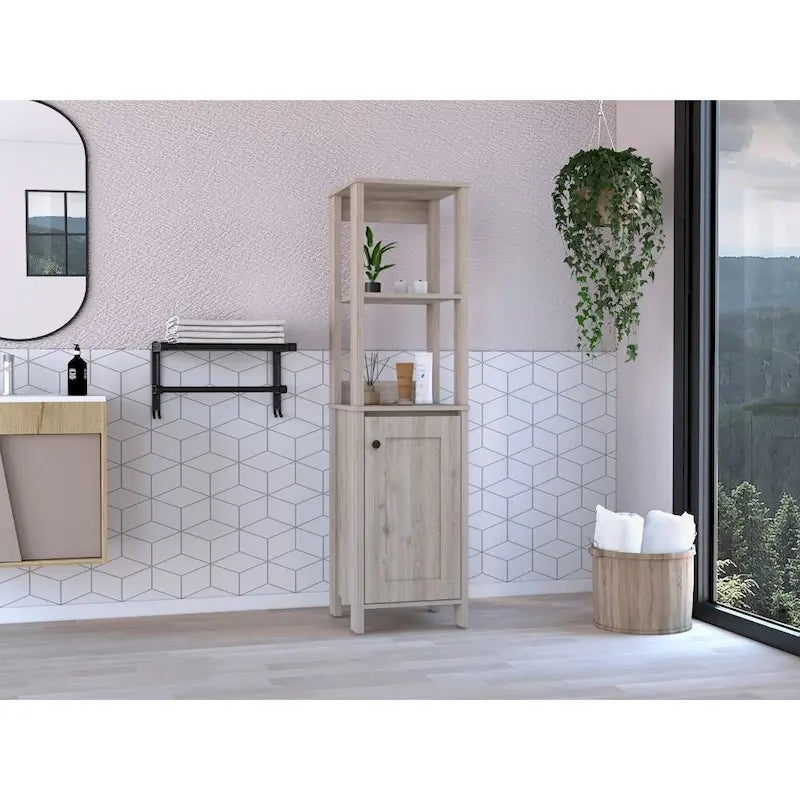 Meuble de salle de bain au sol, Meuble de rangement pour salle de bain, Deux étagères intérieures, Deux étagères ouvertes, Porte unique