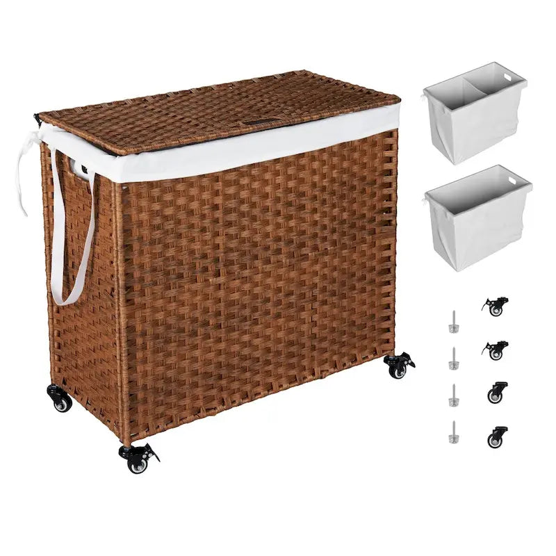 Panier à Linge avec Couvercle en Rotin PE, Cadre Thermolaqué, 2 Sacs Amovibles, Roues, 160L, Couleur Grise