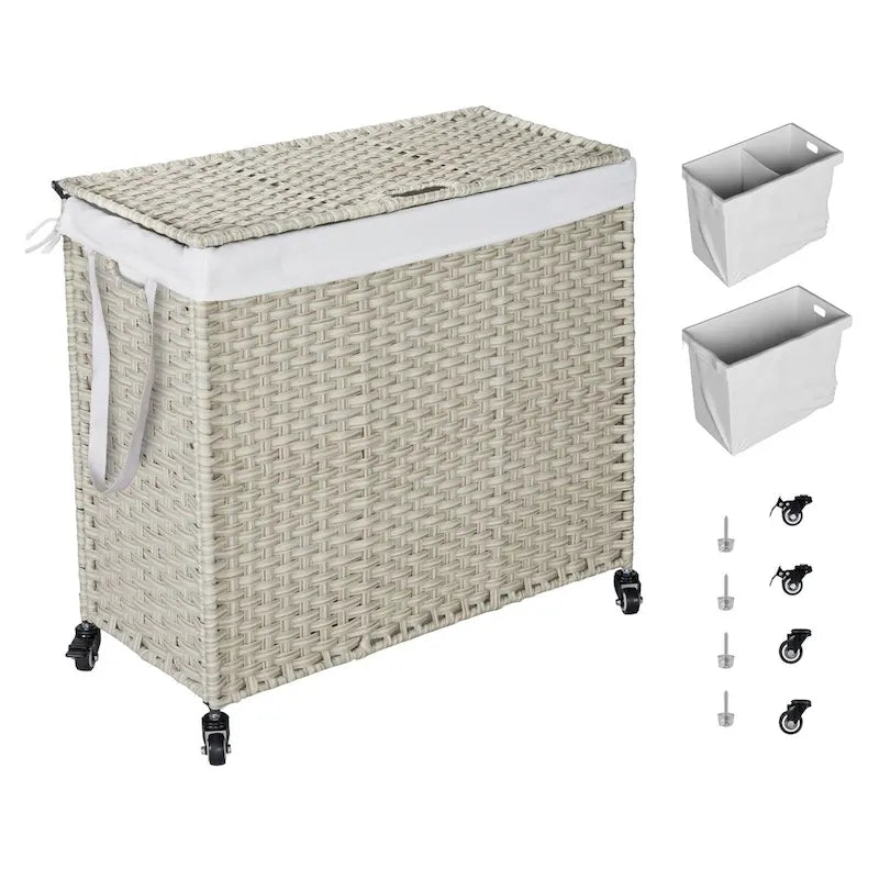 Panier à Linge avec Couvercle en Rotin PE, Cadre Thermolaqué, 2 Sacs Amovibles, Roues, 160L, Couleur Grise