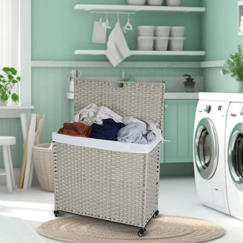 Panier à Linge avec Couvercle en Rotin PE, Cadre Thermolaqué, 2 Sacs Amovibles, Roues, 160L, Couleur Grise