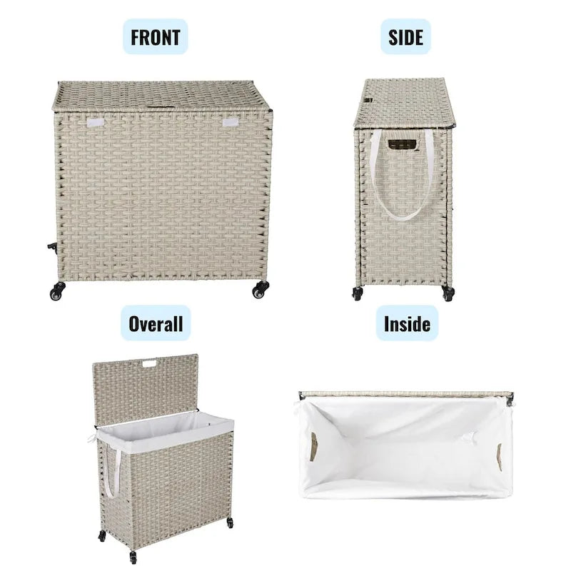 Panier à Linge avec Couvercle en Rotin PE, Cadre Thermolaqué, 2 Sacs Amovibles, Roues, 160L, Couleur Grise