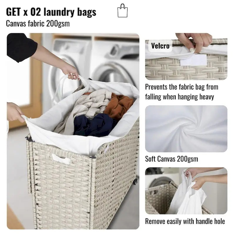 Panier à Linge avec Couvercle en Rotin PE, Cadre Thermolaqué, 2 Sacs Amovibles, Roues, 160L, Couleur Grise