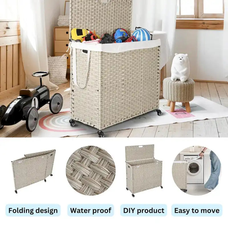 Panier à Linge avec Couvercle en Rotin PE, Cadre Thermolaqué, 2 Sacs Amovibles, Roues, 160L, Couleur Grise
