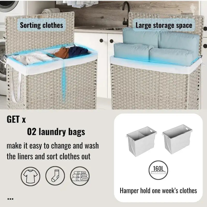 Panier à Linge avec Couvercle en Rotin PE, Cadre Thermolaqué, 2 Sacs Amovibles, Roues, 160L, Couleur Grise