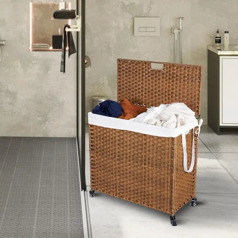 Panier à Linge avec Couvercle en Rotin PE, Cadre Thermolaqué, 2 Sacs Amovibles, Roues, 160L, Couleur Grise
