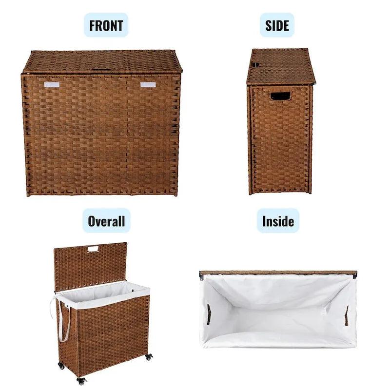 Panier à Linge avec Couvercle en Rotin PE, Cadre Thermolaqué, 2 Sacs Amovibles, Roues, 160L, Couleur Grise