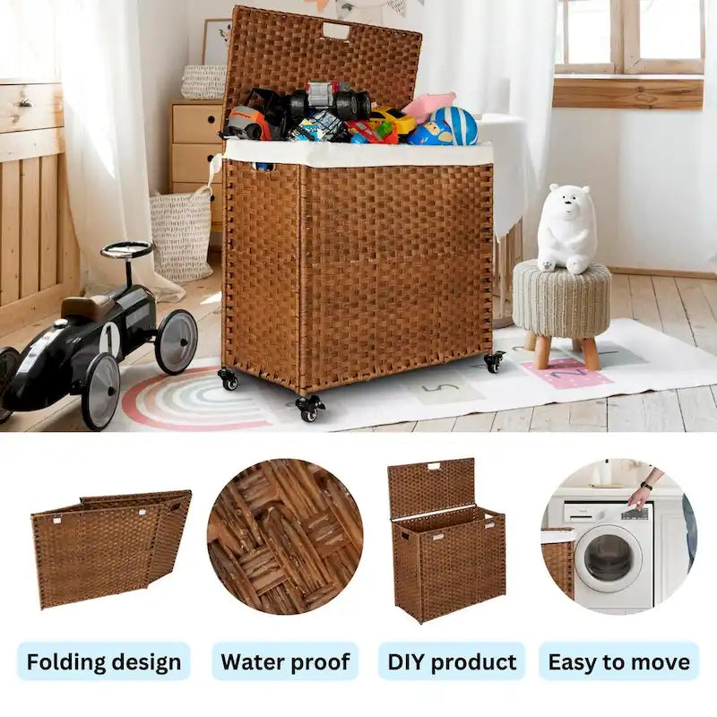 Panier à Linge avec Couvercle en Rotin PE, Cadre Thermolaqué, 2 Sacs Amovibles, Roues, 160L, Couleur Grise