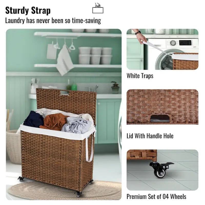 Panier à Linge avec Couvercle en Rotin PE, Cadre Thermolaqué, 2 Sacs Amovibles, Roues, 160L, Couleur Grise