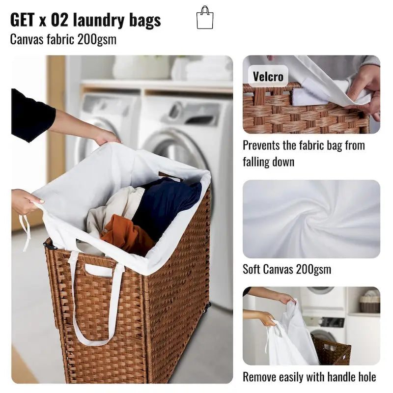 Panier à Linge avec Couvercle en Rotin PE, Cadre Thermolaqué, 2 Sacs Amovibles, Roues, 160L, Couleur Grise
