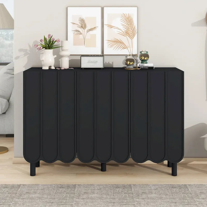 Meuble à chaussures minimaliste style crème avec 5 pieds en bois massif, buffet avec étagères réglables, portes ondulées