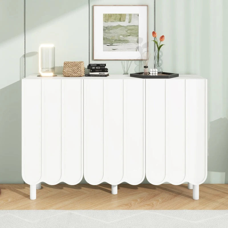 Meuble à chaussures minimaliste style crème avec 5 pieds en bois massif, buffet avec étagères réglables, portes ondulées