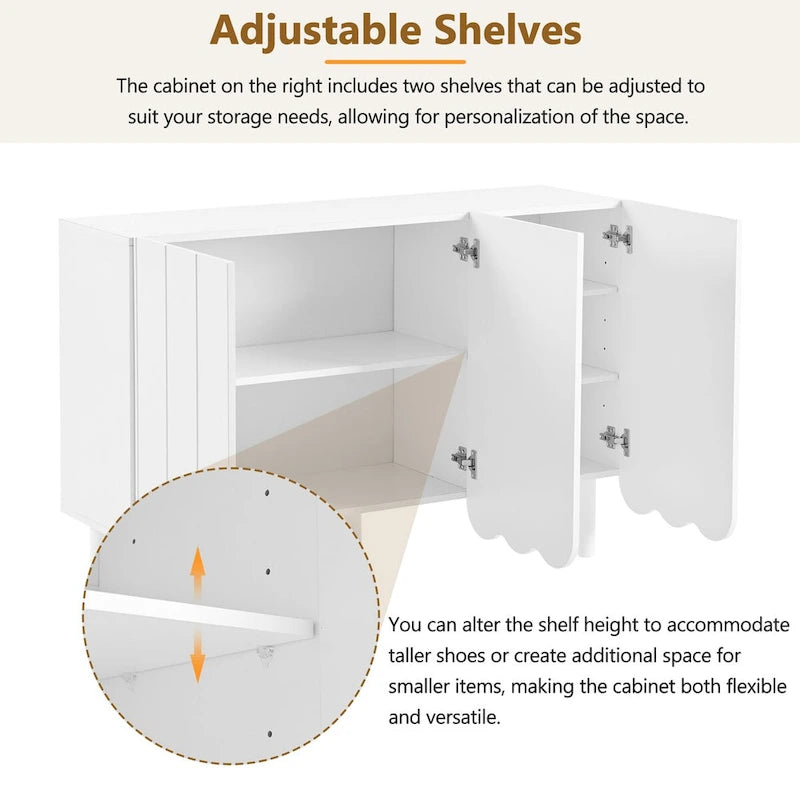 Meuble à chaussures minimaliste style crème avec 5 pieds en bois massif, buffet avec étagères réglables, portes ondulées
