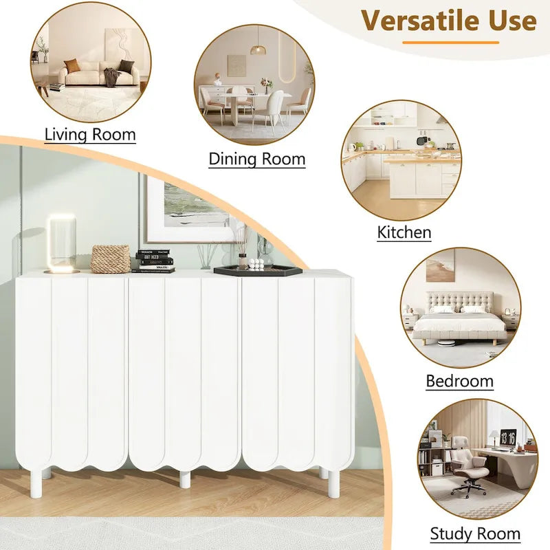 Meuble à chaussures minimaliste style crème avec 5 pieds en bois massif, buffet avec étagères réglables, portes ondulées