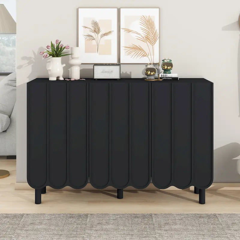 Meuble à chaussures minimaliste style crème avec 5 pieds en bois massif, buffet avec étagères réglables, portes ondulées