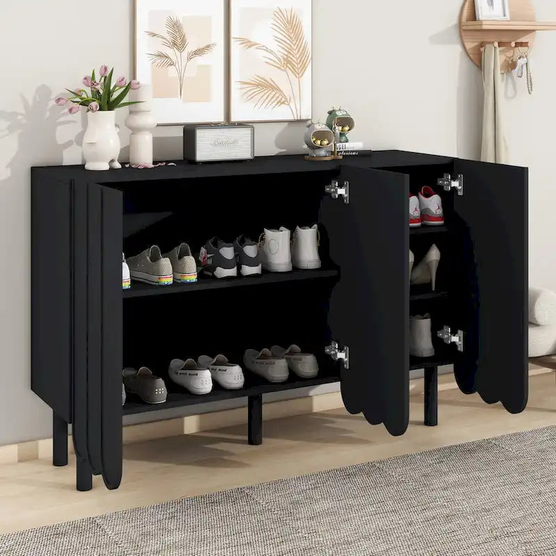 Meuble à chaussures minimaliste style crème avec 5 pieds en bois massif, buffet avec étagères réglables, portes ondulées
